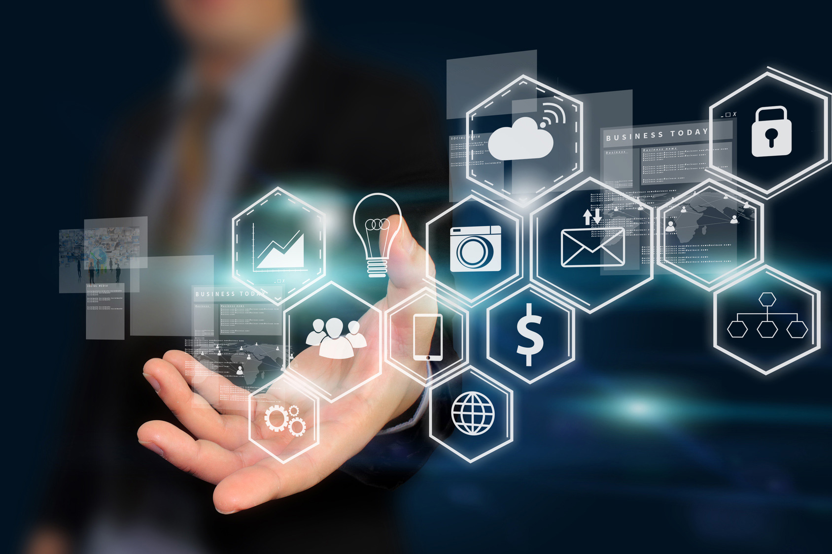 Connected technology concepts including cloud, security, analytics, collaboration, and networking